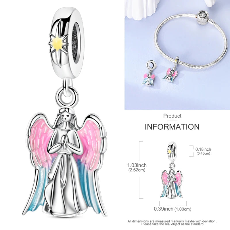 925 sterling silver charm bead with winged angel and pink and blue enamel