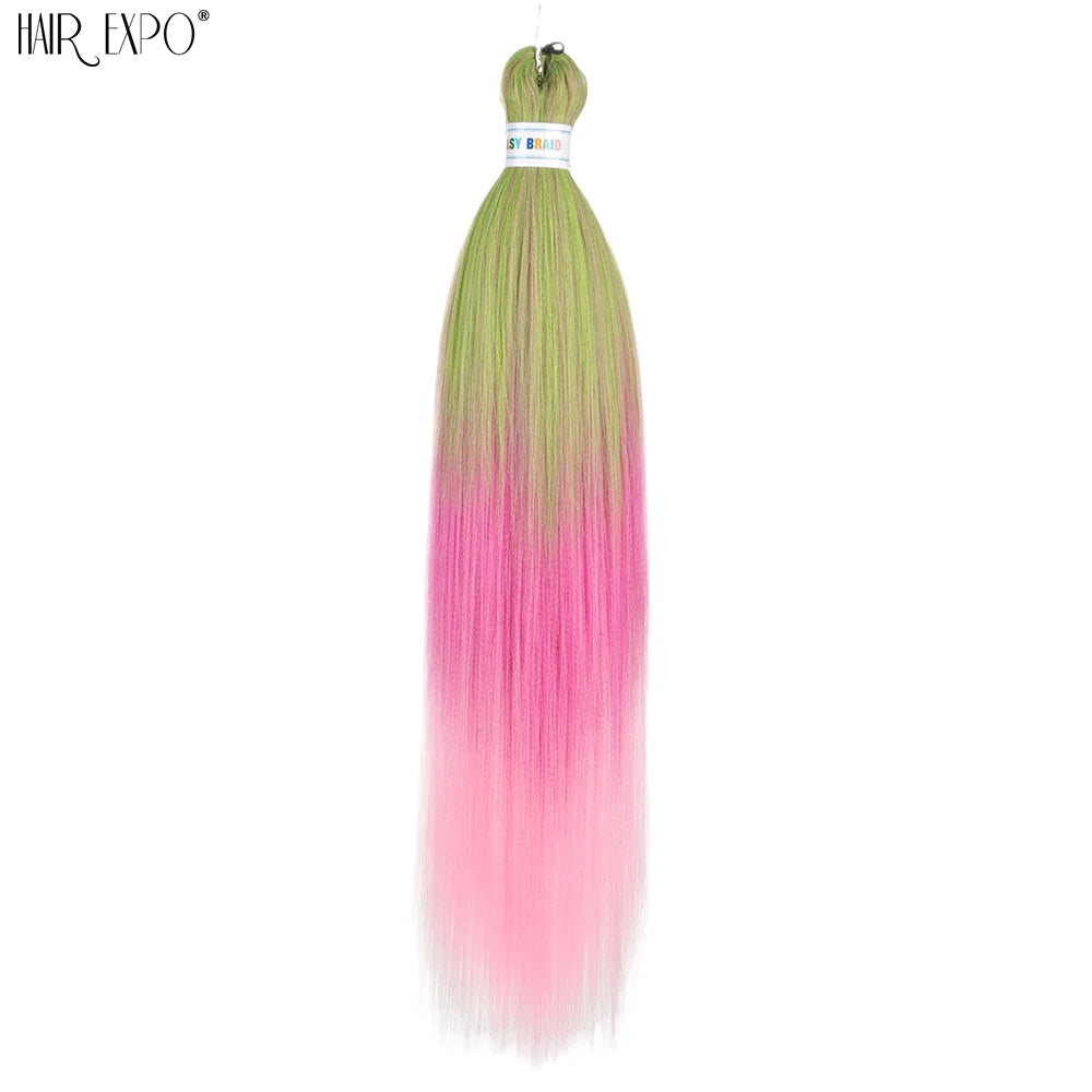 Pre-stretched braiding hair extension, synthetic 26-inch, lime to pink ombre bundle
