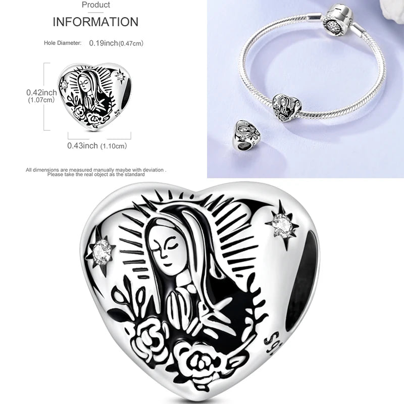 Sterling silver religious angel heart charm with star and crystal accents