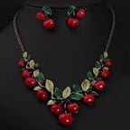 Cherry fruit necklace and earrings set, scalloped cherry-and-leaf design with red drops