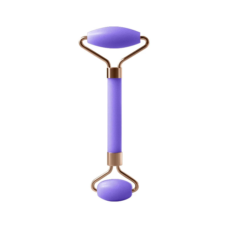 Purple facial massage roller with dual oval heads and curved handle
