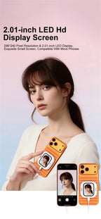 Orange magnetic selfie monitor screen with 2.01-inch display showing selfie preview
