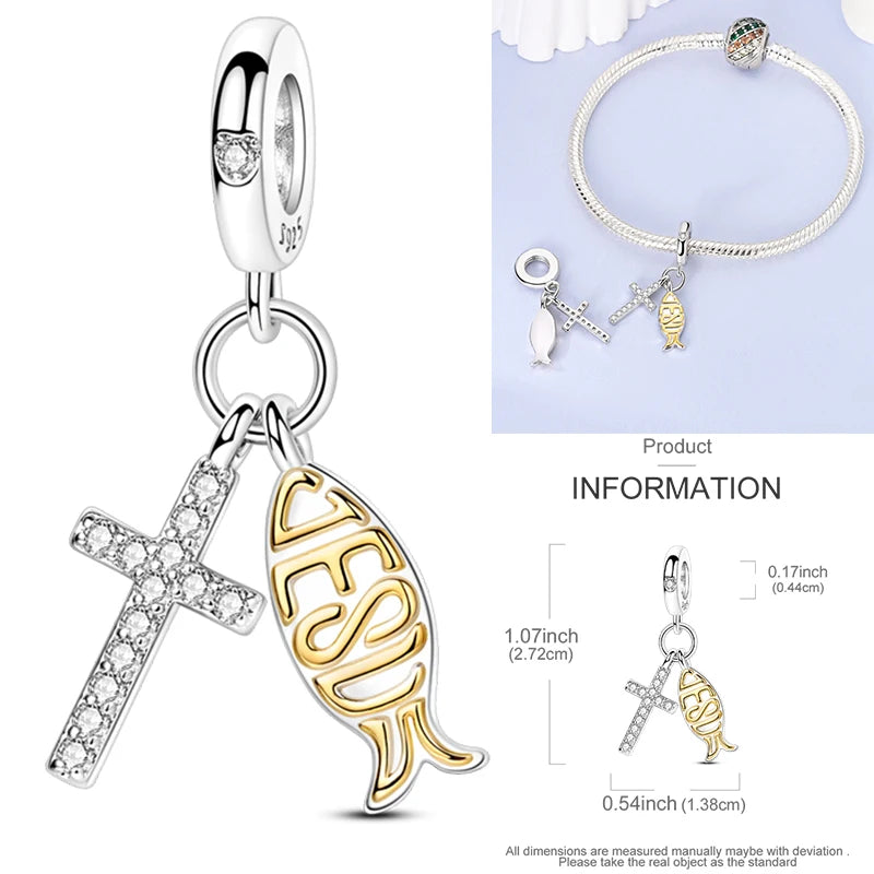925 sterling silver charm bead with cross and gold faith symbol pendant