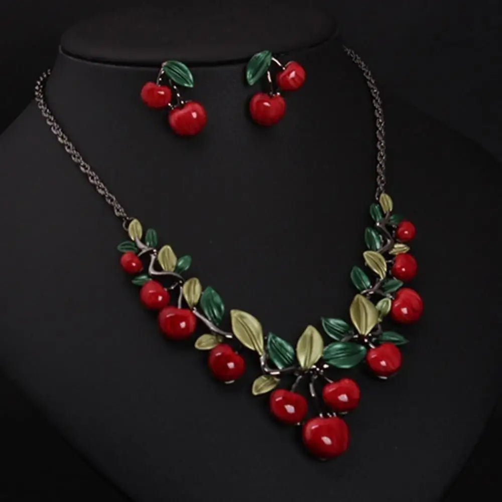 Cherry fruit necklace and earrings set, draped chain with red cherry clusters and green leaves