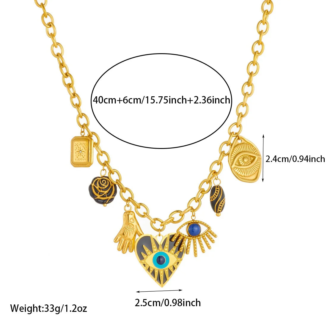 Gold evil-eye hamsa charm necklace with heart and hamsa hand pendants on chain