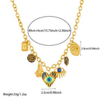 Gold evil-eye hamsa charm necklace with blue heart and hamsa hand pendants