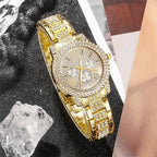 Gold rhinestone wrist watch with three small chronograph dials and jeweled bracelet