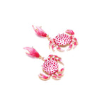 Enamel crab earrings, red spotted crab pendants with gold-tone chain and claws.