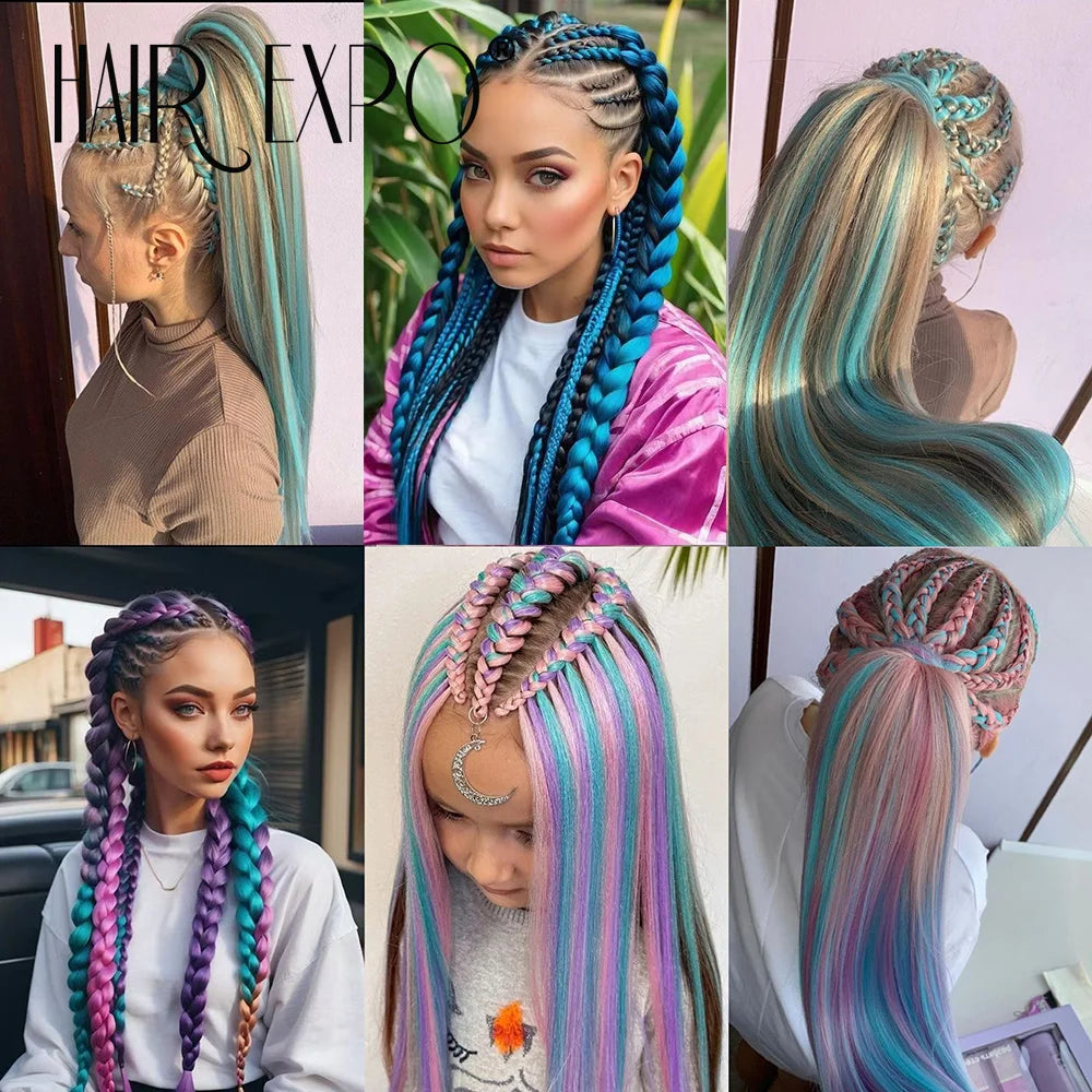 26-inch synthetic pre-stretched braiding hair extensions, teal and blue braids on model