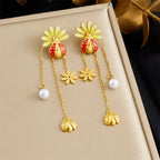 Beetle flower stud earrings, gold-tone with red enamel, dangling chains and white pearls