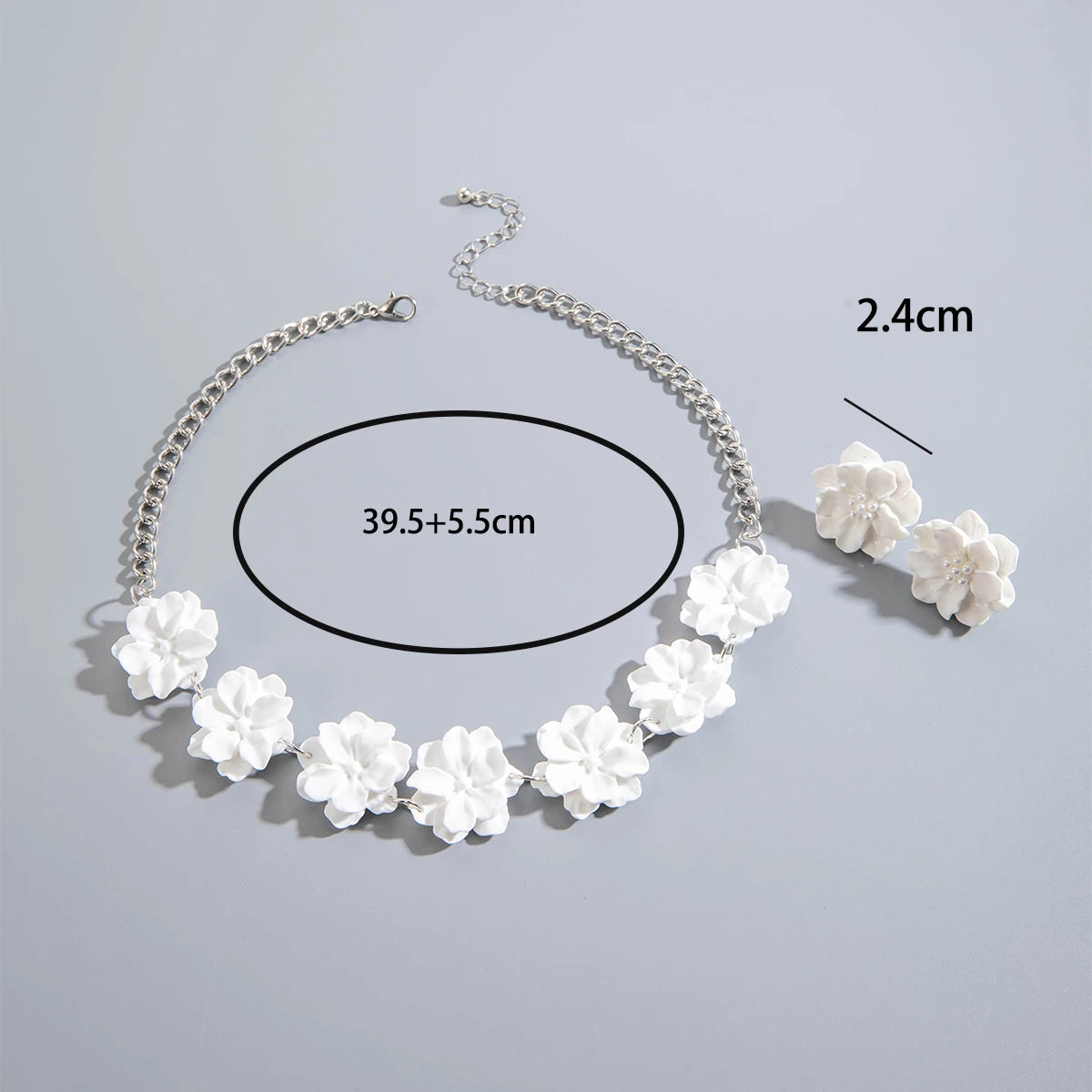 Necklace set: silver-tone chain with white flower links; earring size 2.4cm; length 39.5+5.5