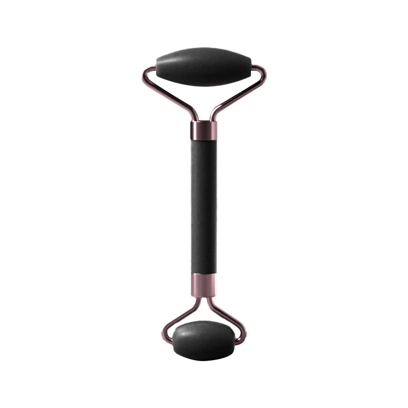 Facial massage roller with black top stone, dark handle, and rounded base roller