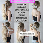 Chiffon ribbon scrunchie scarf in white with black polka dots, tied in hair