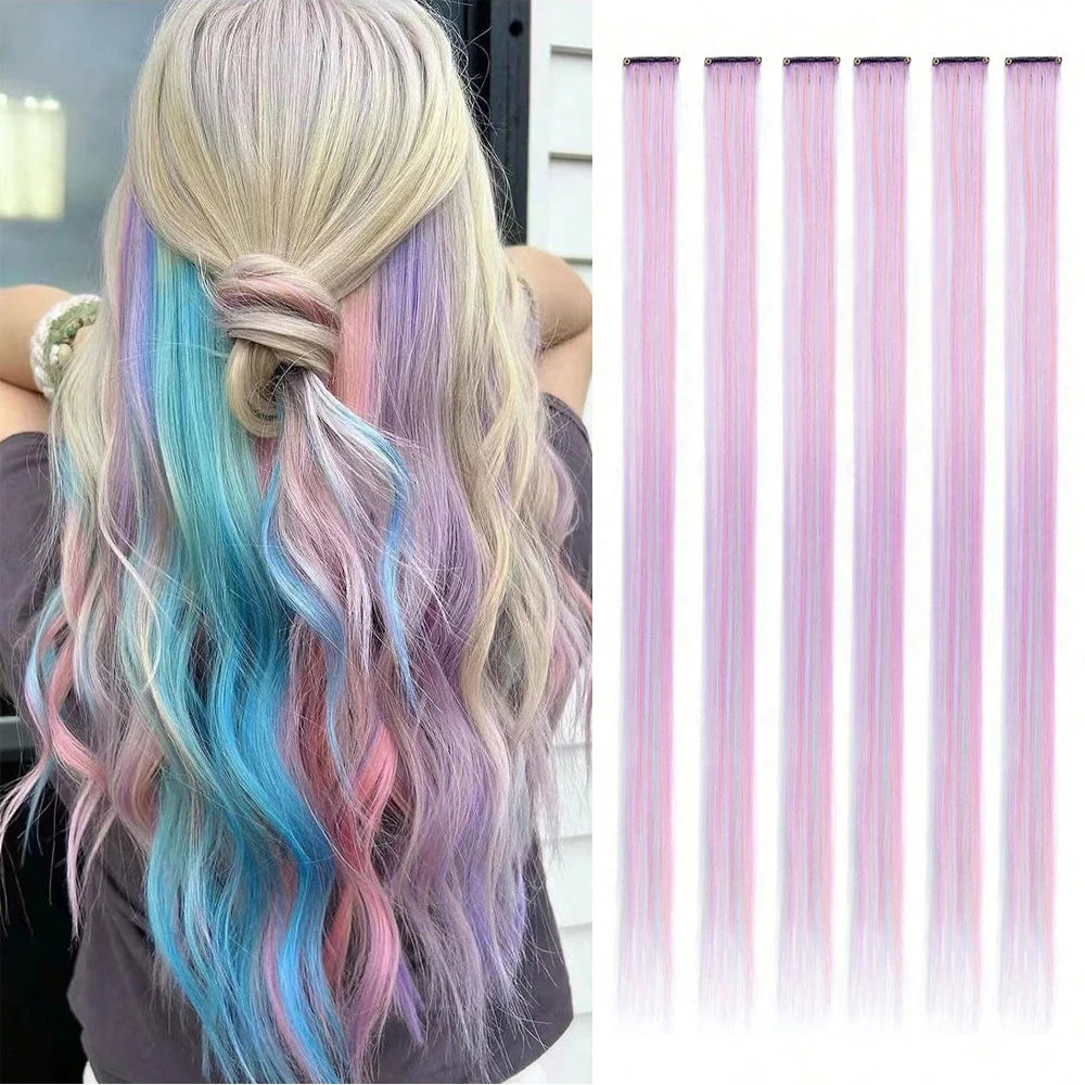Synthetic clip-in hair highlights, 22-inch blonde with blue and lilac streaks with clip bases.