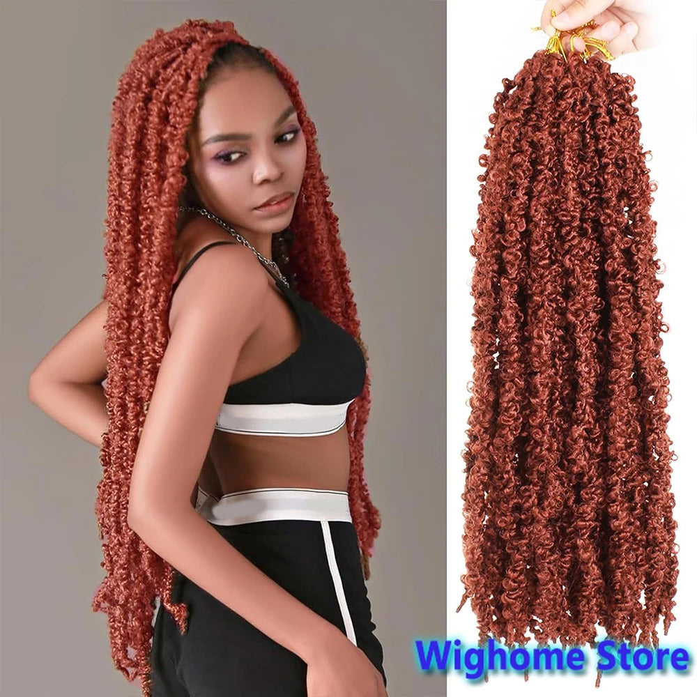 Rust red butterfly locs crochet hair with long rope curls, side profile and strand closeup
