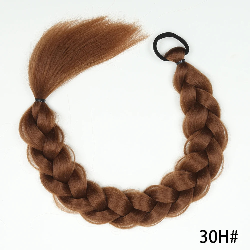Medium brown braided ponytail extension with elastic loop hair tie
