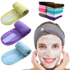 Yoga face wash headband set with pastel colors, shown with a face mask on model