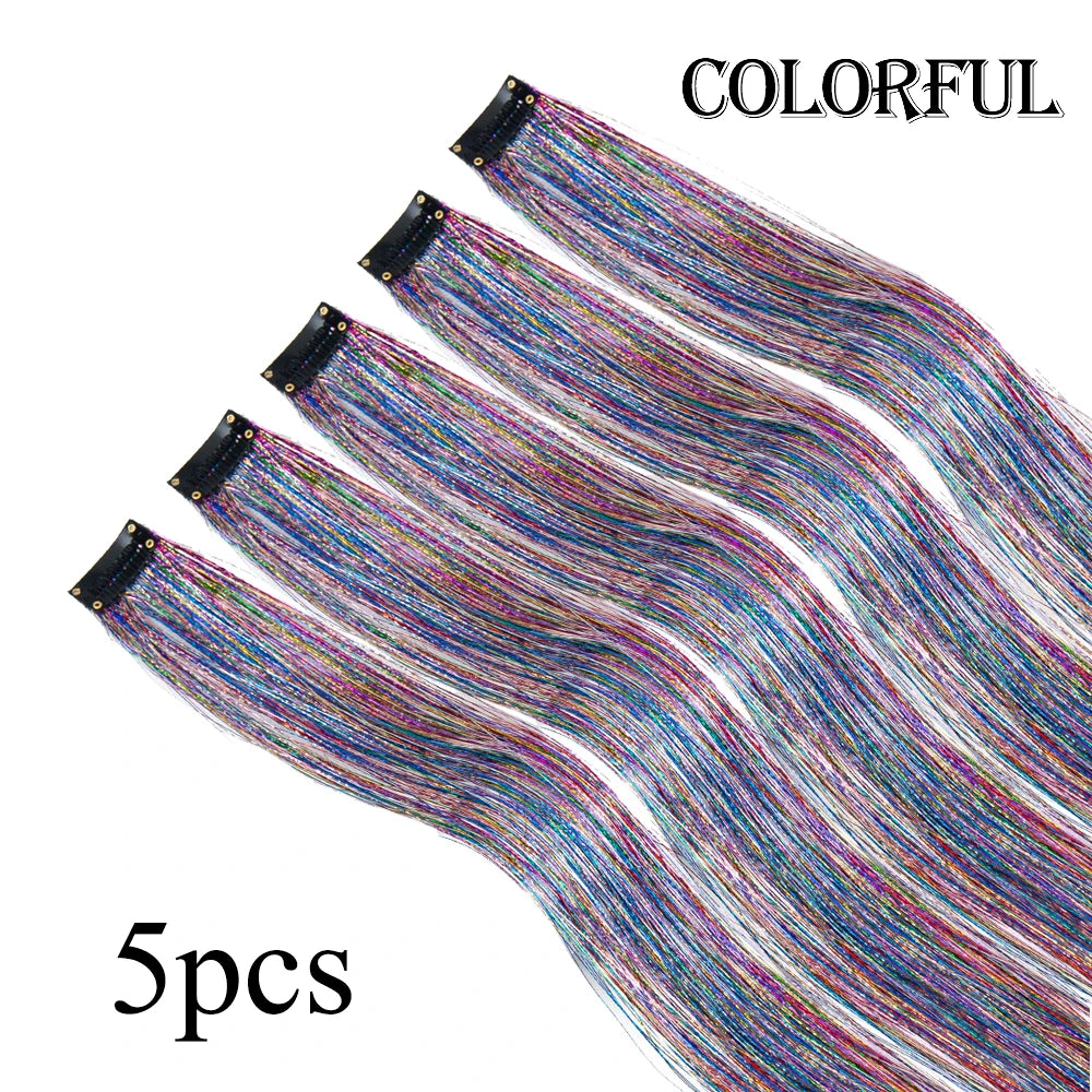 Glitter hair tinsel set, colorful mix, 5 pieces with clip-on strands