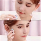 Blue teardrop finger puff sponge applied to cheek in two close-up views.