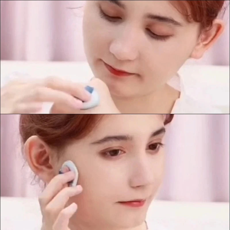 Blue teardrop finger puff sponge applied to cheek in two close-up views.