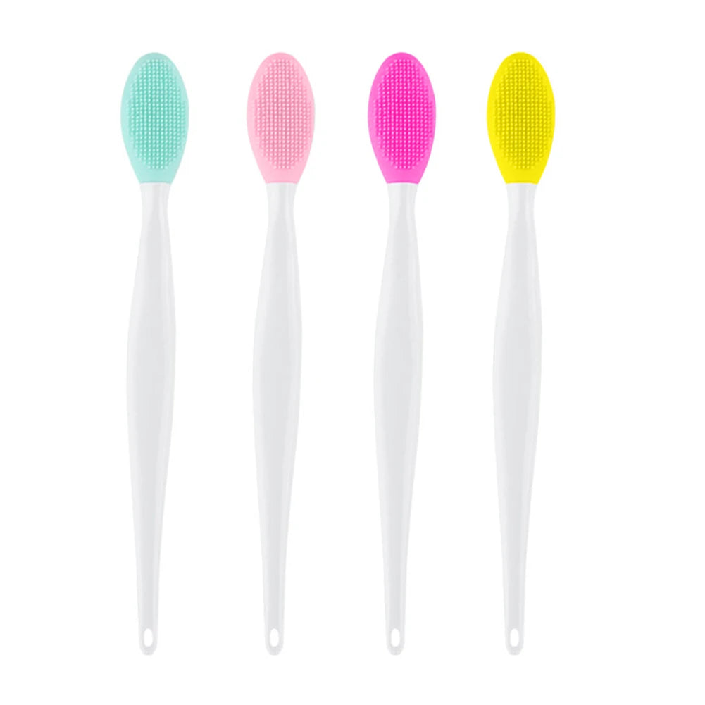 Silicone face cleansing brush set with mint, pink, purple, and yellow heads