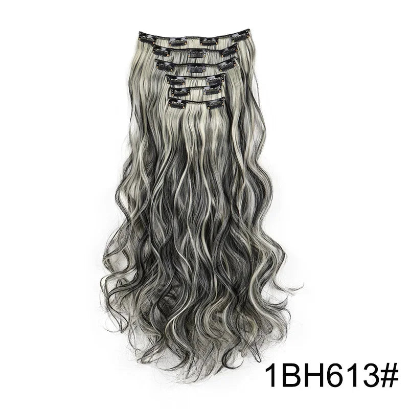 Wavy synthetic hair extension, ash gray with black clip-in combs