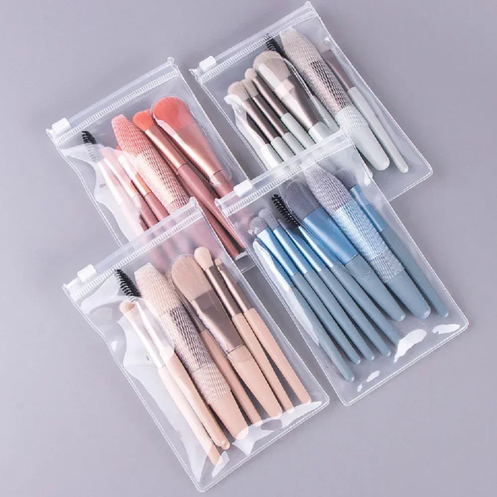 Makeup brush set in clear cases, assorted handle colors with soft bristles