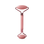 Pink facial massage roller with dual oval heads and curved handle