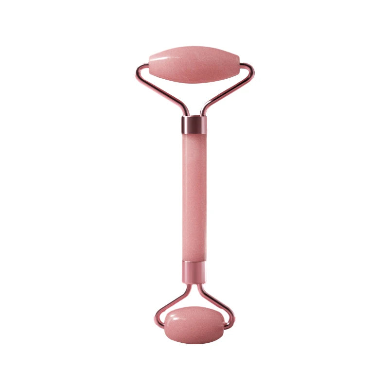 Pink facial massage roller with dual oval heads and curved handle