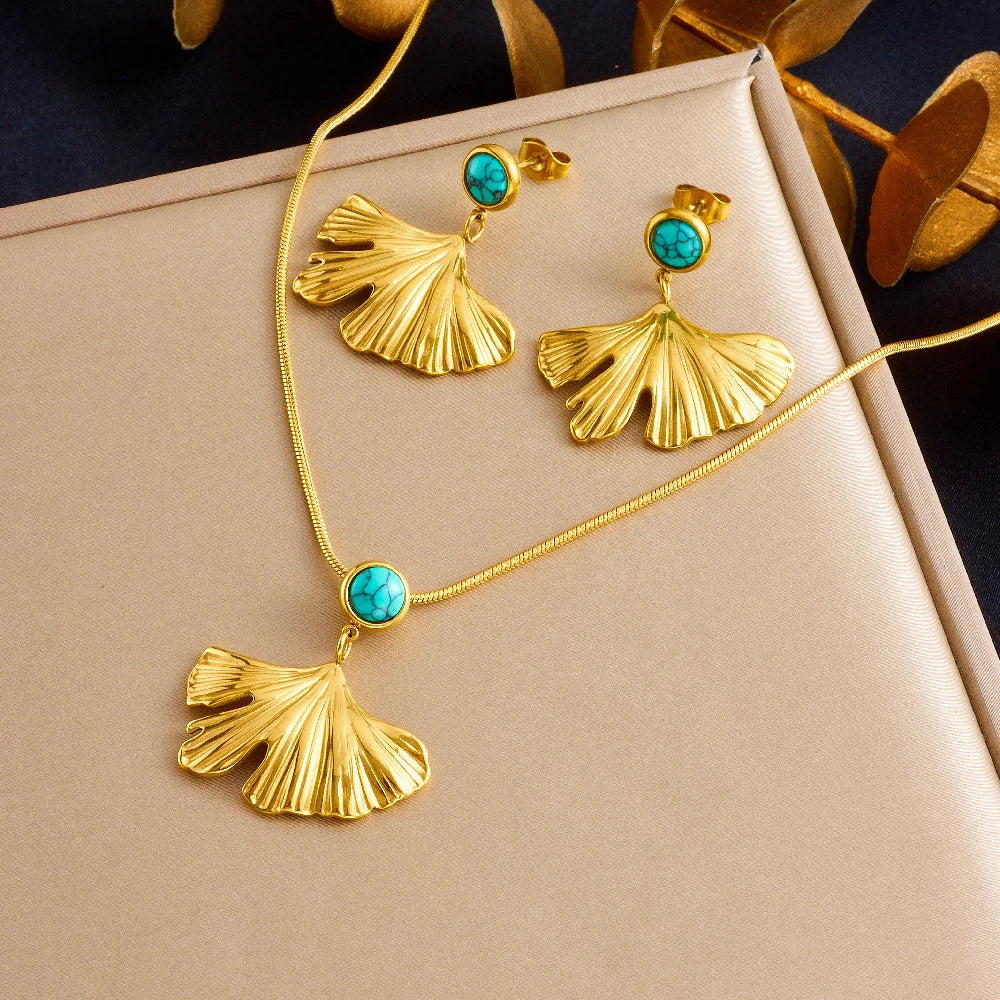 Gold-tone set in box: turquoise pendant necklace with matching ginkgo leaf earrings