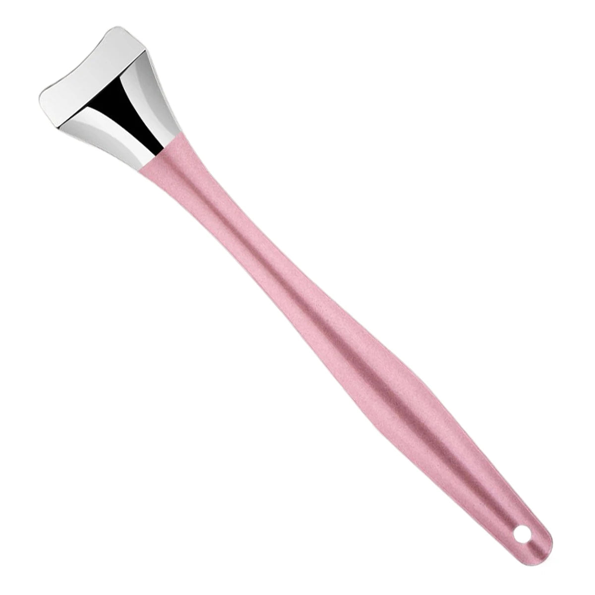 Pink-handled stainless blackhead removal tool with curved scoop blade