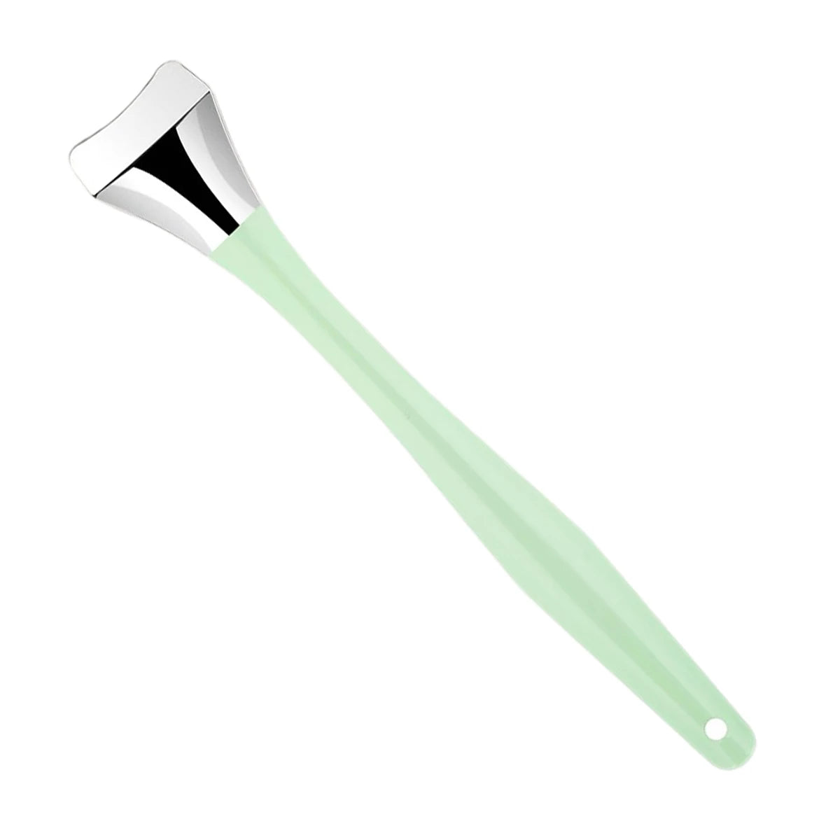 Stainless steel blackhead removal tool with light green handle and looped tip