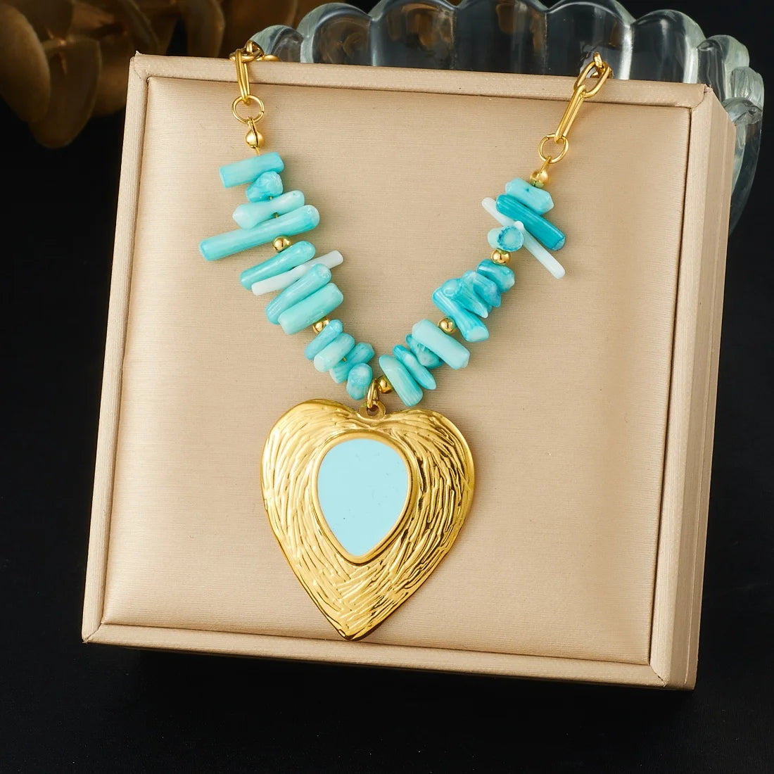 Blue Crystal Heart Pendant Necklace — 316L Stainless Steel