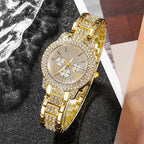 Gold rhinestone wrist watch with multi-dial face and segmented jeweled metal bracelet