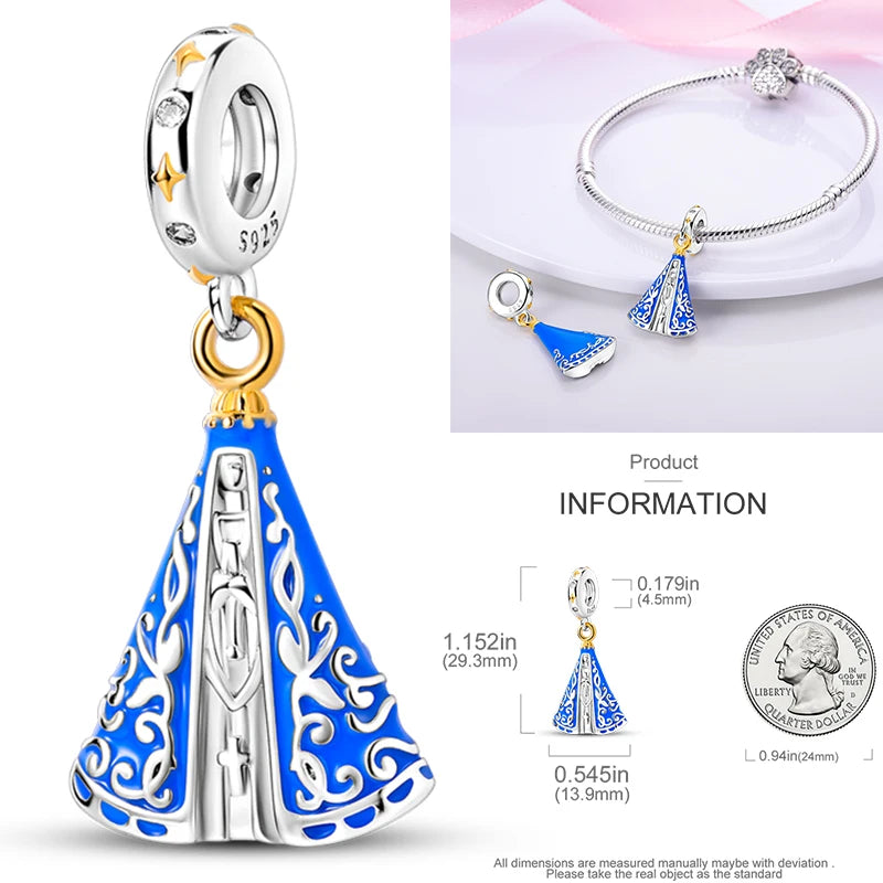 925 sterling silver charm bead with blue-cloaked angel figure and small halo