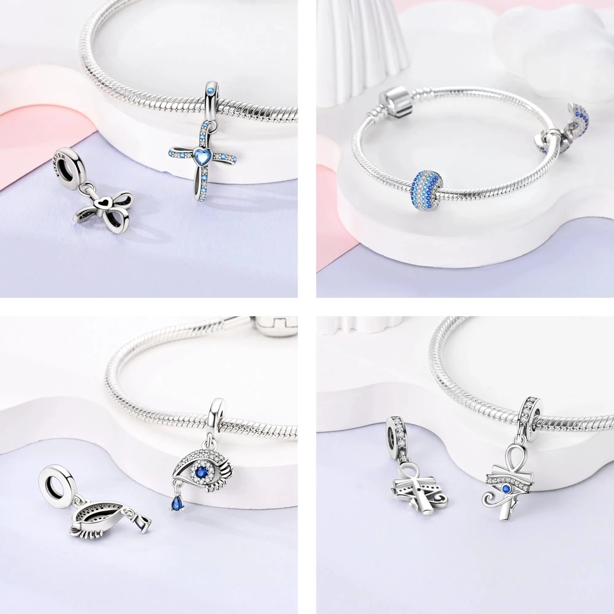 925 sterling silver charm bracelet with blue enamel evil eye and hand-shaped charms