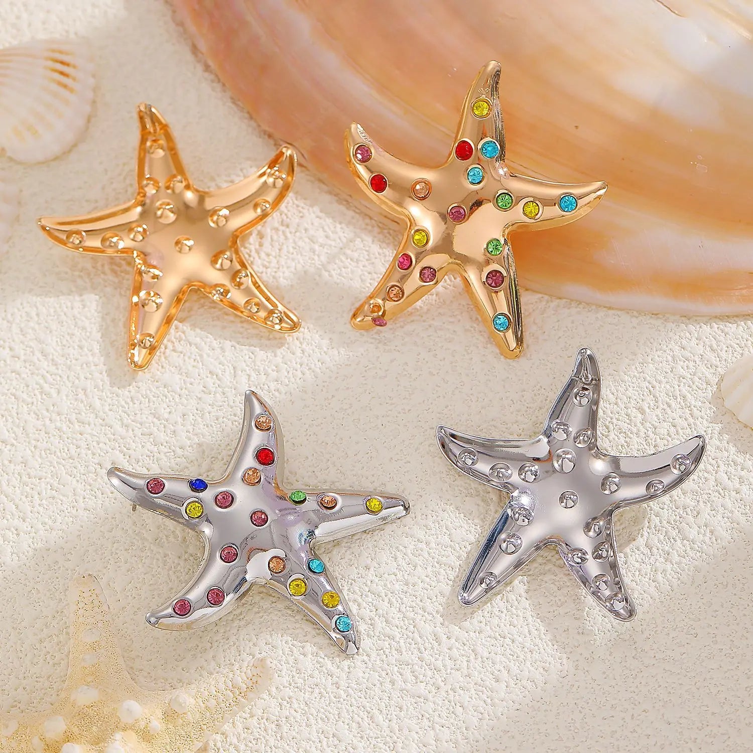 Gold and silver starfish stud earrings with multicolor rhinestones, assorted set