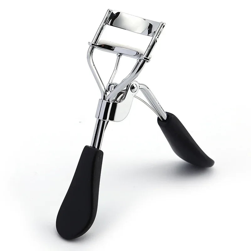 Eyelash curler tool with black silicone handles and chrome curler frame