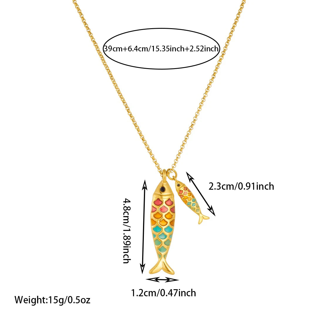 Ocean fish pendant necklace with gold chain and multicolor fish enamel charms
