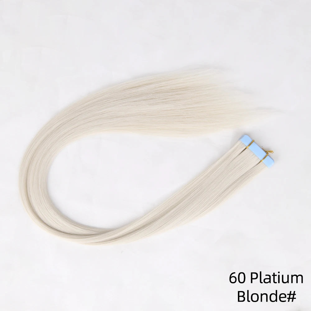 Synthetic straight tape-in hair extension strand with blue tape ends, 60 Platin Blonde#