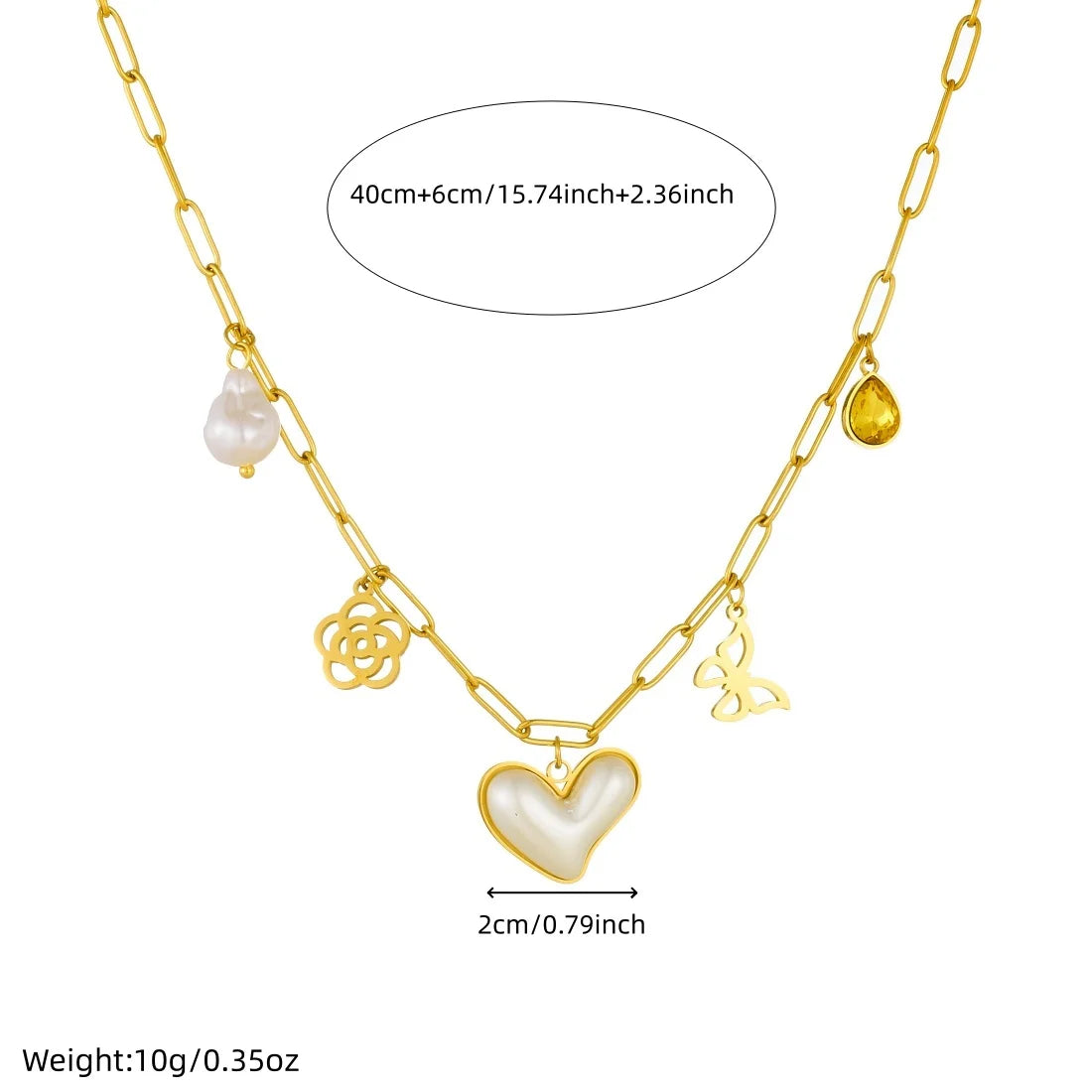 Gold-tone chain necklace with heart pendant, butterfly charm, flower motifs, pearl drop