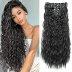 Black curly clip-in hair extension weft with metal clips, long length
