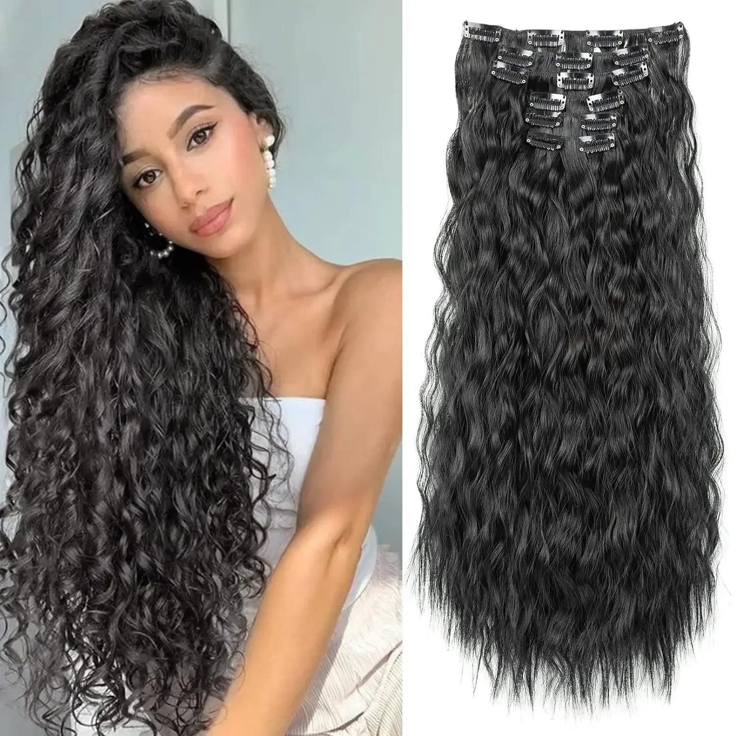 Black curly clip-in hair extension weft with metal clips, long length