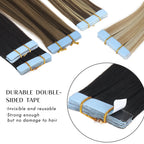 Synthetic straight tape-in hair extensions with blue tape tabs on weft, double-sided tape