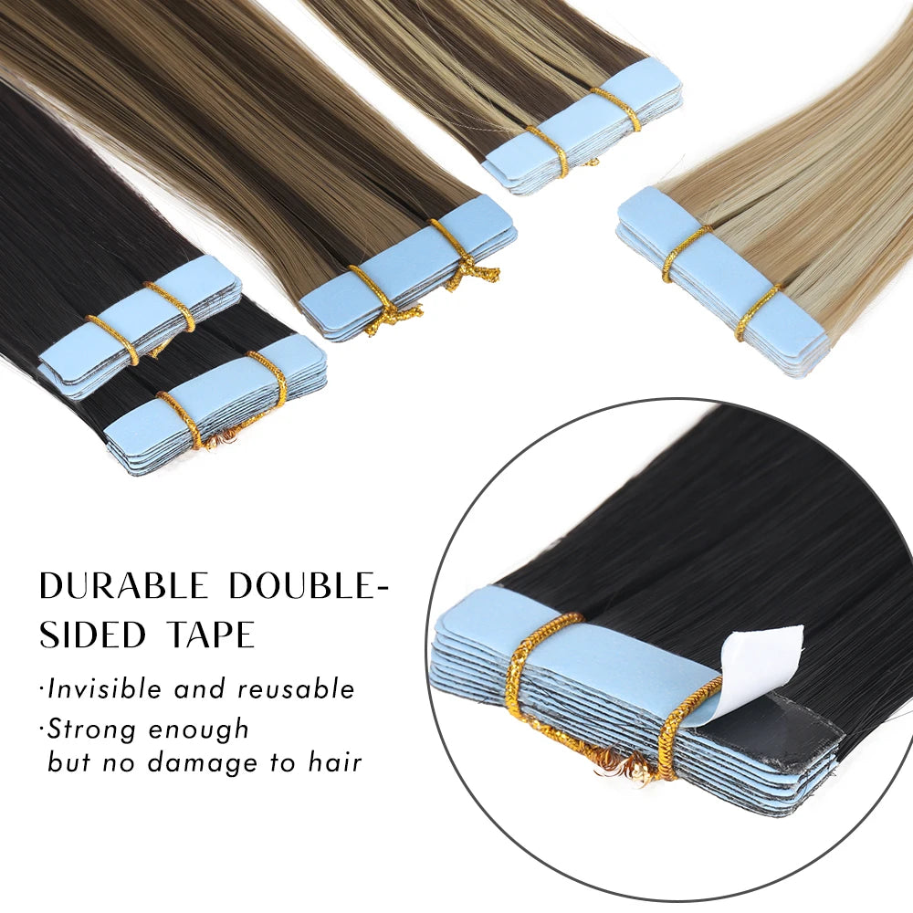 Synthetic straight tape-in hair extensions with blue tape tabs on weft, double-sided tape