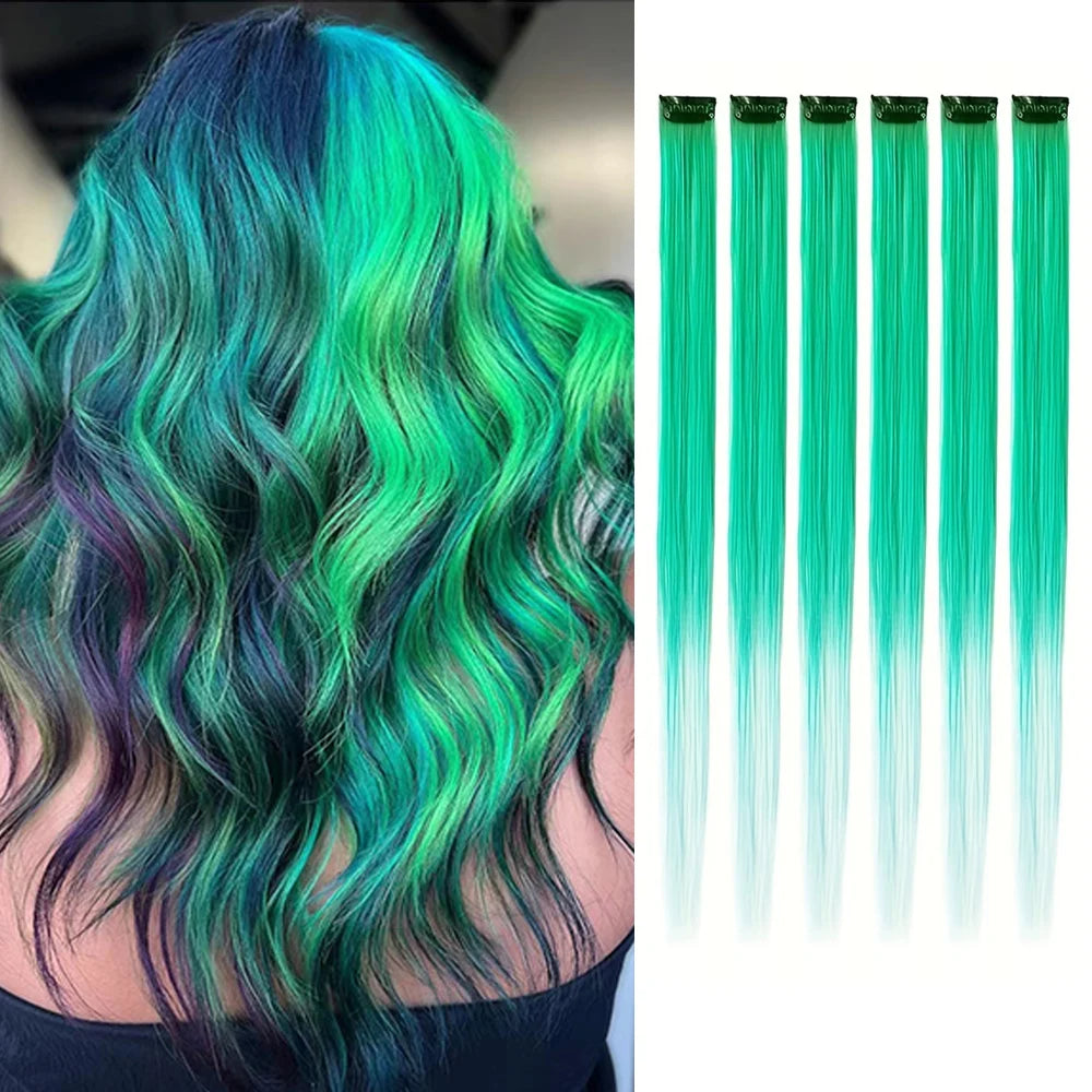Teal and green clip-in hair highlight set with six long straight strands