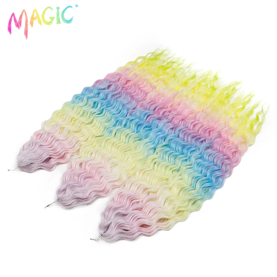 Synthetic ombre crochet braids with water-wave curls, pastel rainbow blend