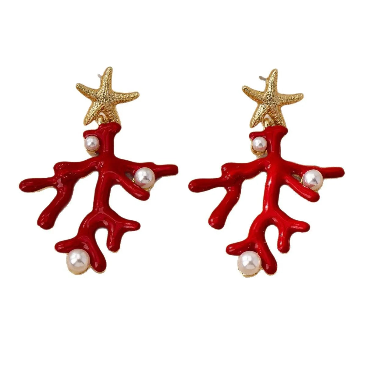 Coral starfish earrings with red enamel bodies, gold-tone starfish, and pearl-like accents