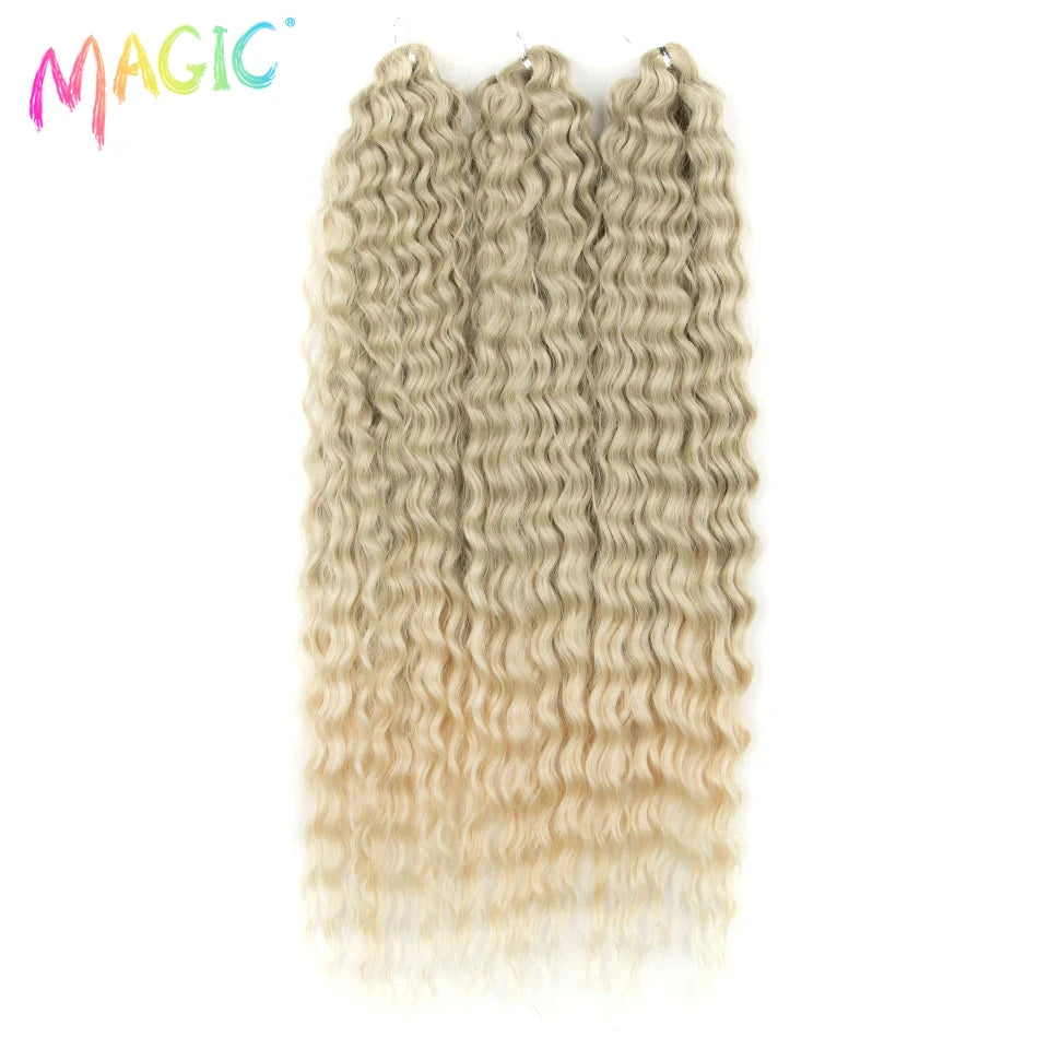 Synthetic water-wave crochet braids in pale blonde with even loose ringlets