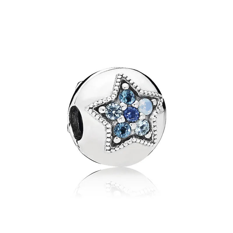925 sterling silver charm bead with blue starburst cluster and pavé border
